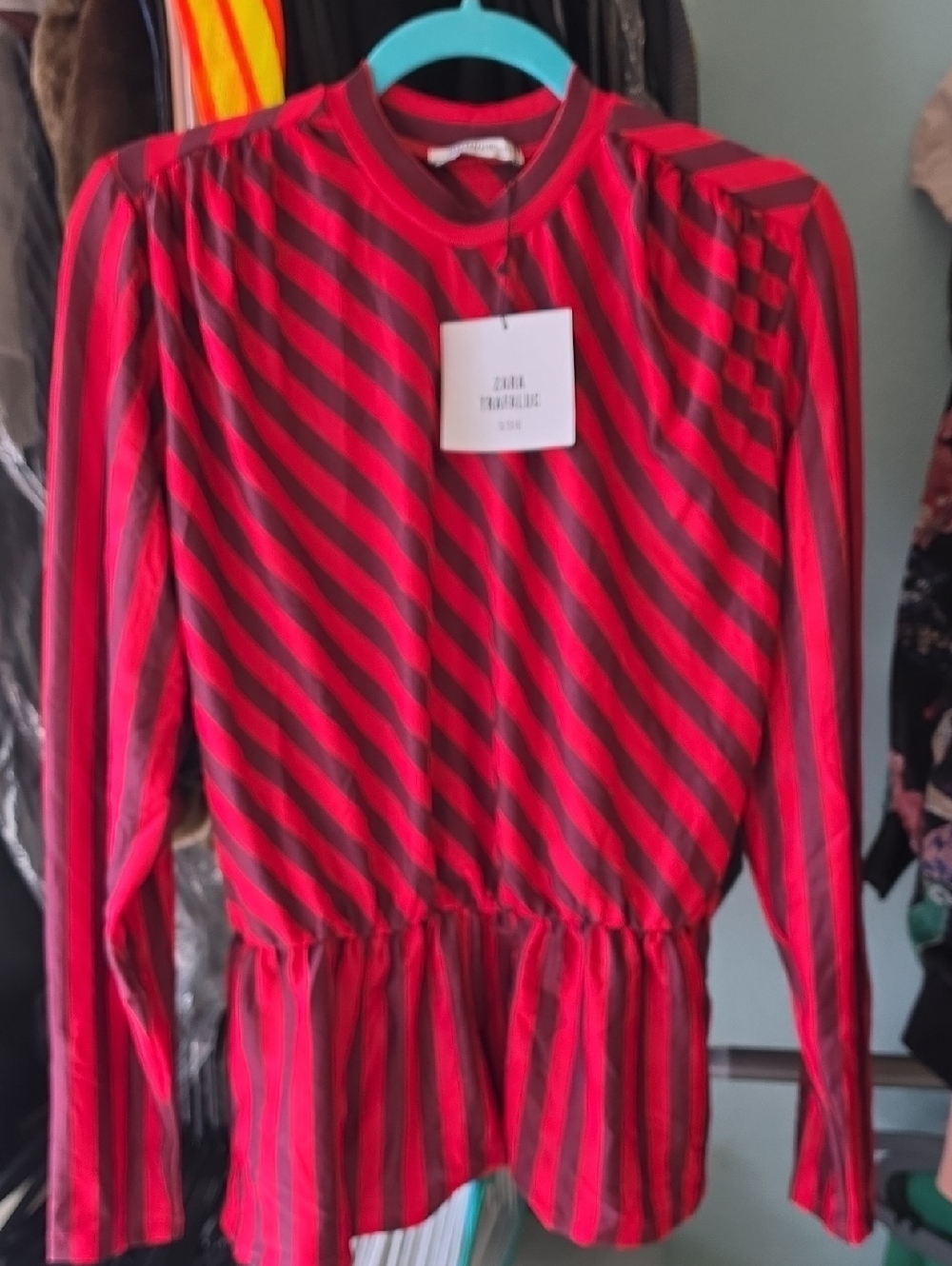 Zara Striped Crewneck Top Red and Black Small